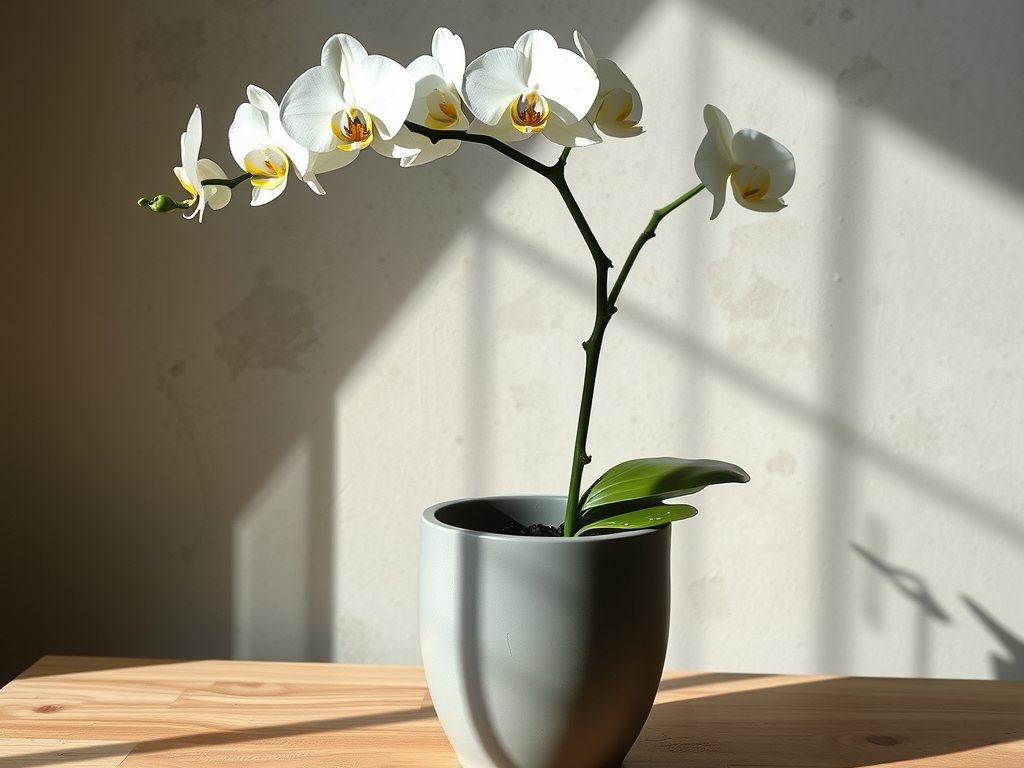 Bílá orchidej v šedém květináči